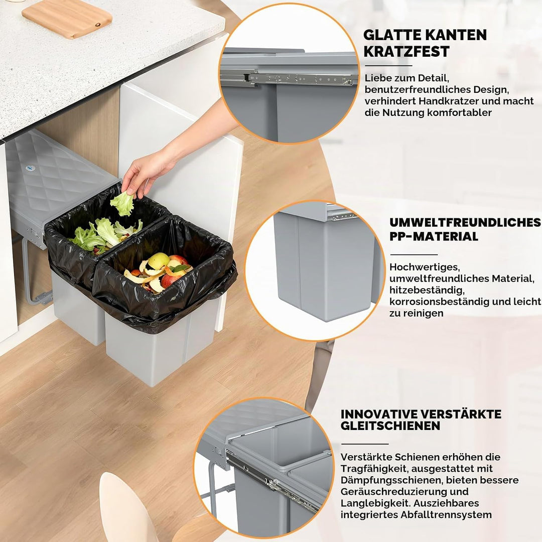 Huracan Mülleimer Küche Unterschrank Ausziehbar 40L, Mülleimer 2 Fächer, Mülltrennsystem Küche, Einb