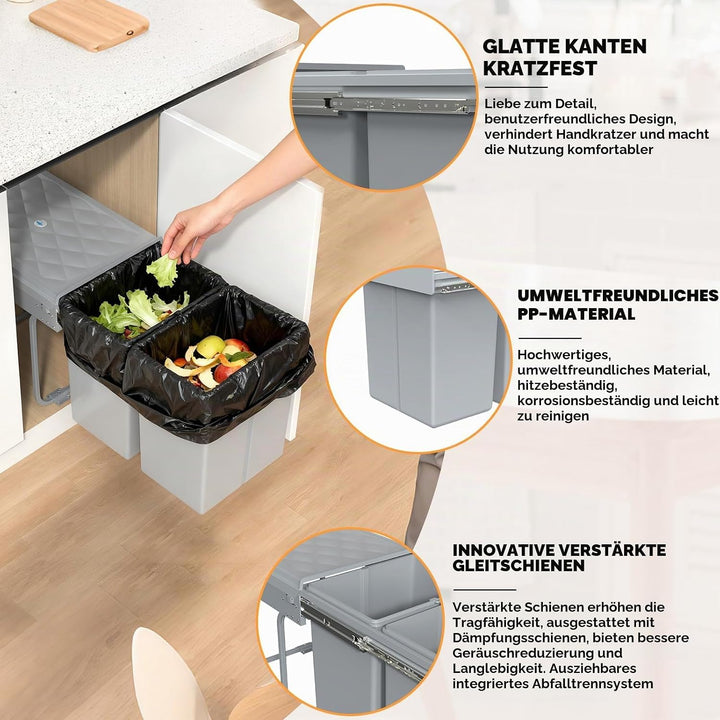 Huracan Mülleimer Küche Unterschrank Ausziehbar 40L, Mülleimer 2 Fächer, Mülltrennsystem Küche, Einb