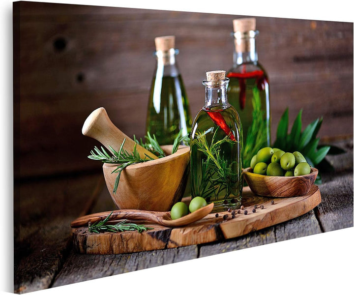 islandburner Bild auf Leinwand Oliven Öl Und Flaschen Oliven Kräuter Vor Dunkelem Hintergrund Bilder