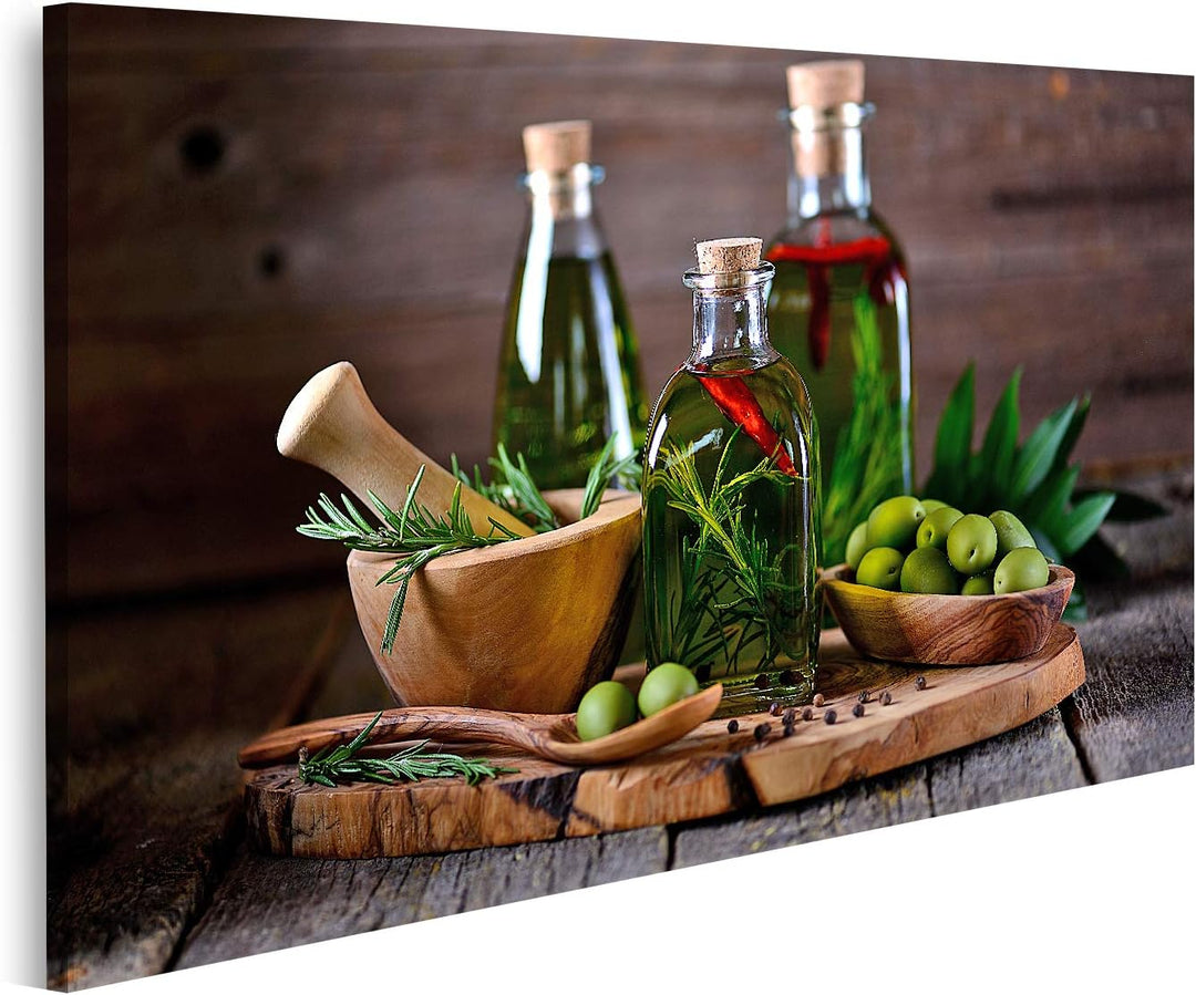 islandburner Bild auf Leinwand Oliven Öl Und Flaschen Oliven Kräuter Vor Dunkelem Hintergrund Bilder