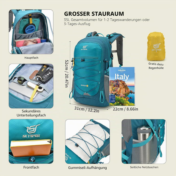 BOGDA 35 Wanderrucksack 35L Camping Backpack mit Rückenbelüftung & Trinksystem Trekkingrucksack aus
