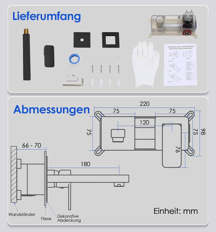 ROVOGO Waschtischarmatur Unterputz Schwarz für Wandmontage, 2-Loch Wasserhahn Bad aus Edelstahl 304,