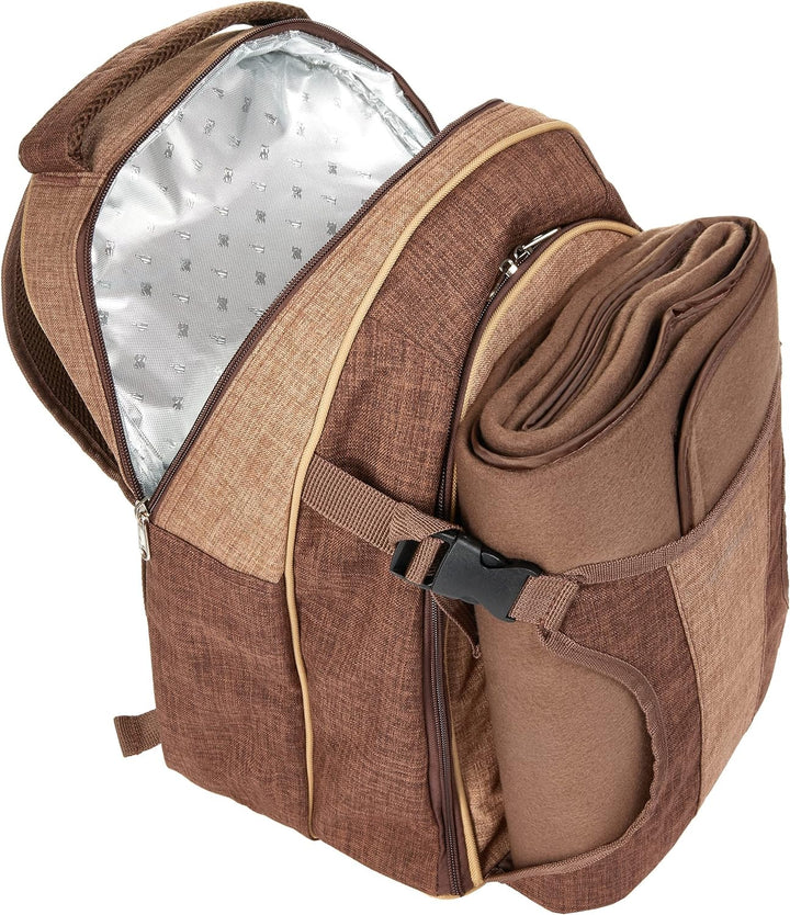 Brubaker Picknickrucksack für 4 Personen Braun 28,5 × 42,5 x 19 cm - inkl. Kühlfach + Fleece-Picknic