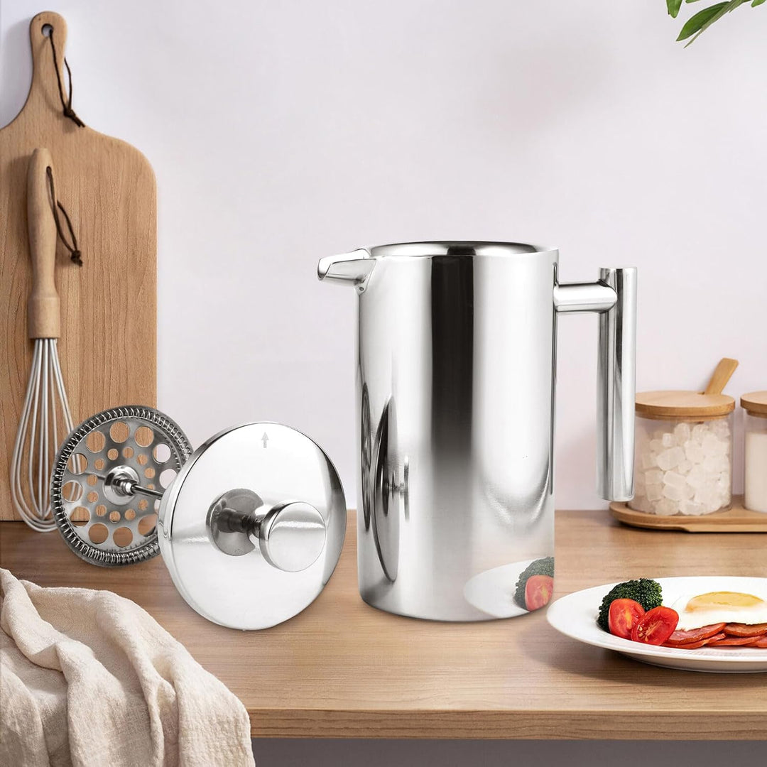 French Press Edelstahl Kaffeebereiter 1 Liter - Doppelwandige Thermo Kaffeepresse für Filterkaffee A