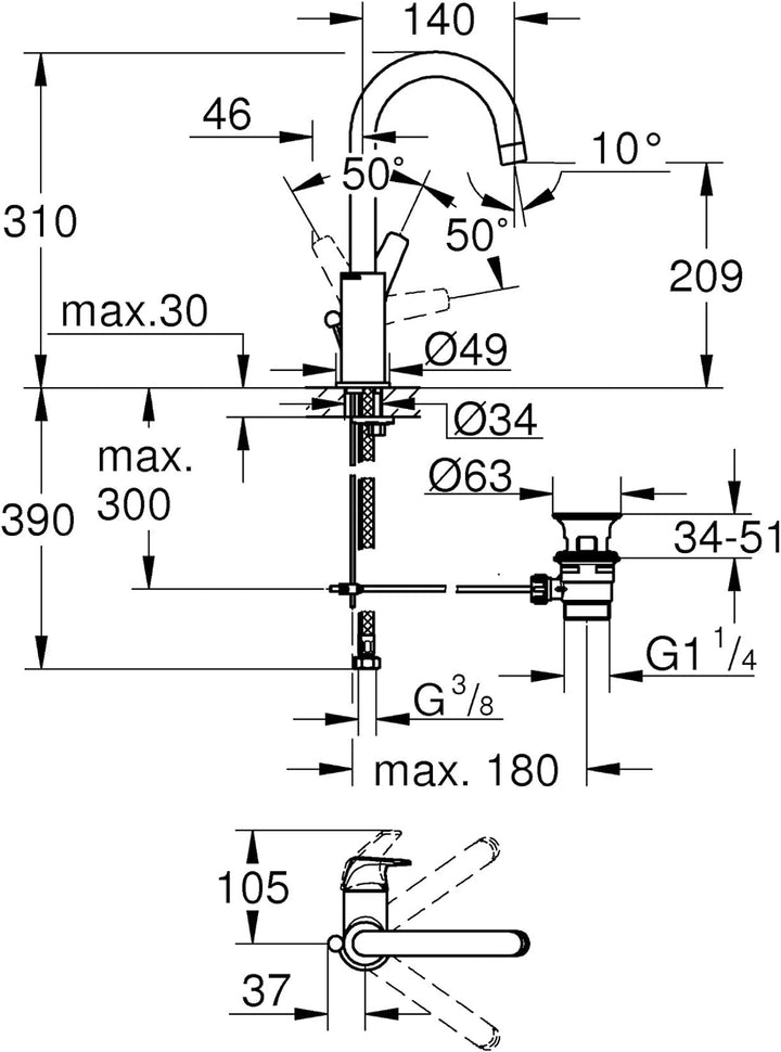 GROHE BauFlow - Einhand-Waschtischarmatur (langlebige Oberfläche, L-Size, Einlochmontage) chrom, 237