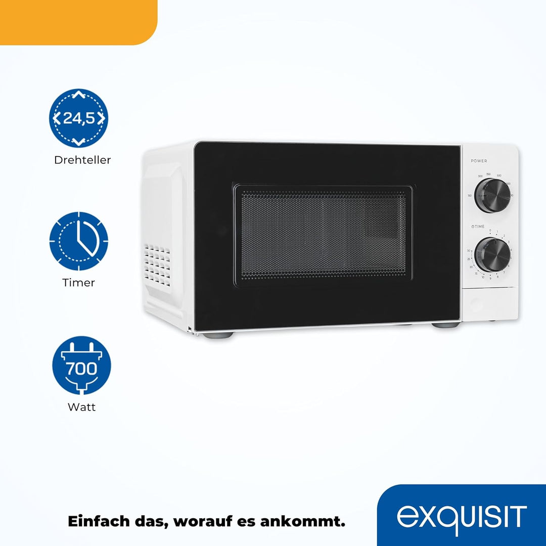 Exquisit Mikrowelle 20L, 700 Watt, 24,5cm Drehteller, 5 Leistungsstufen, Timer, Auftaufunktion, 2 Dr