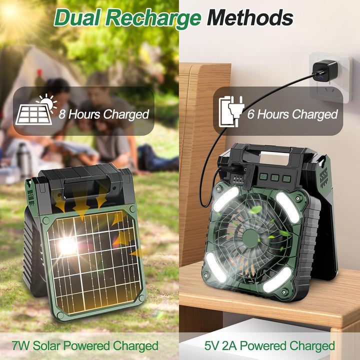 Camping Ventilator mit Akku 10400mAh, Solar Ventilator Outdoor mit LED-Licht, 4 Geschwindigkeiten Tr