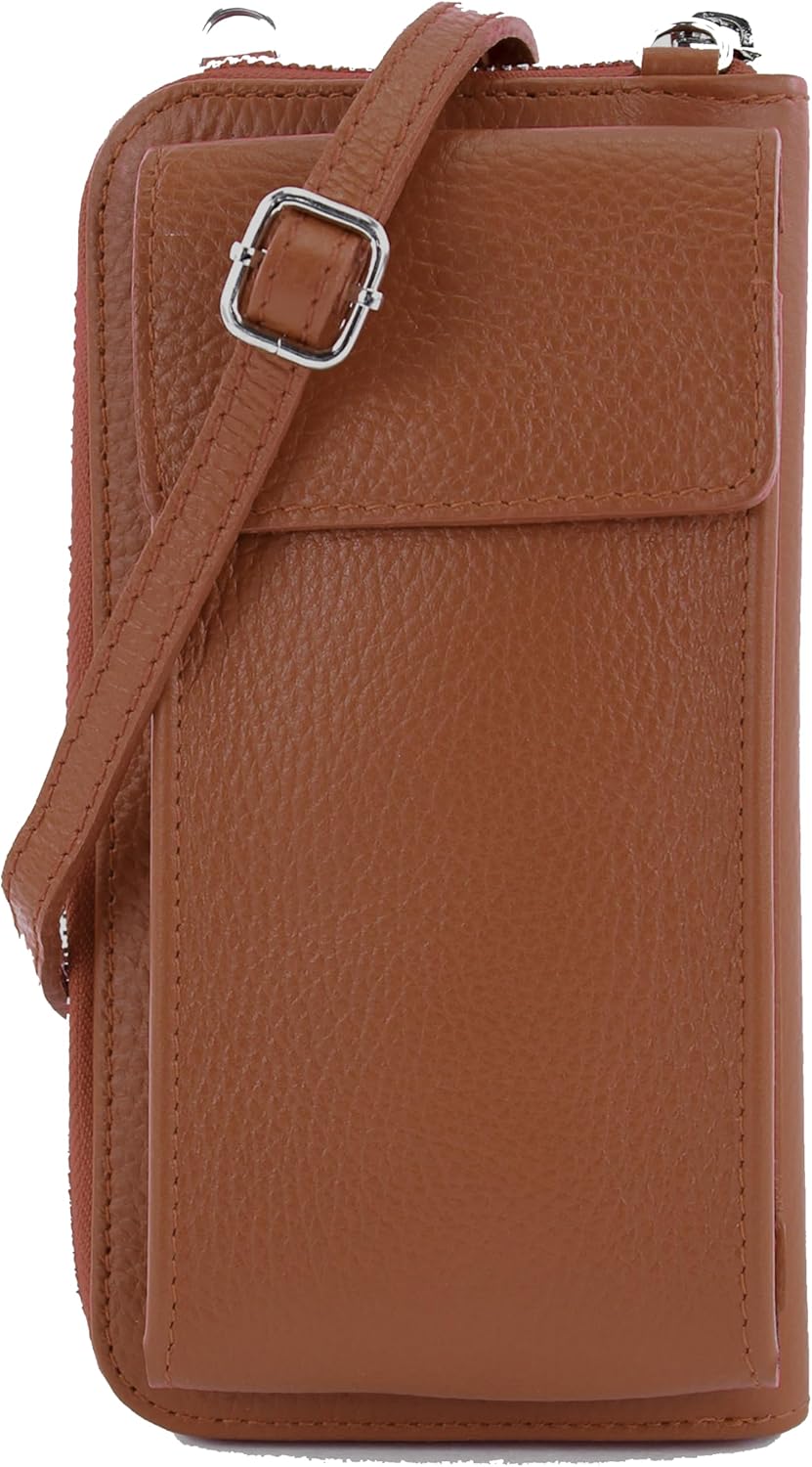 modamoda de - P06 - ital. Damen Umhängetasche Geldbörse Handytasche Leder Cognac, Cognac