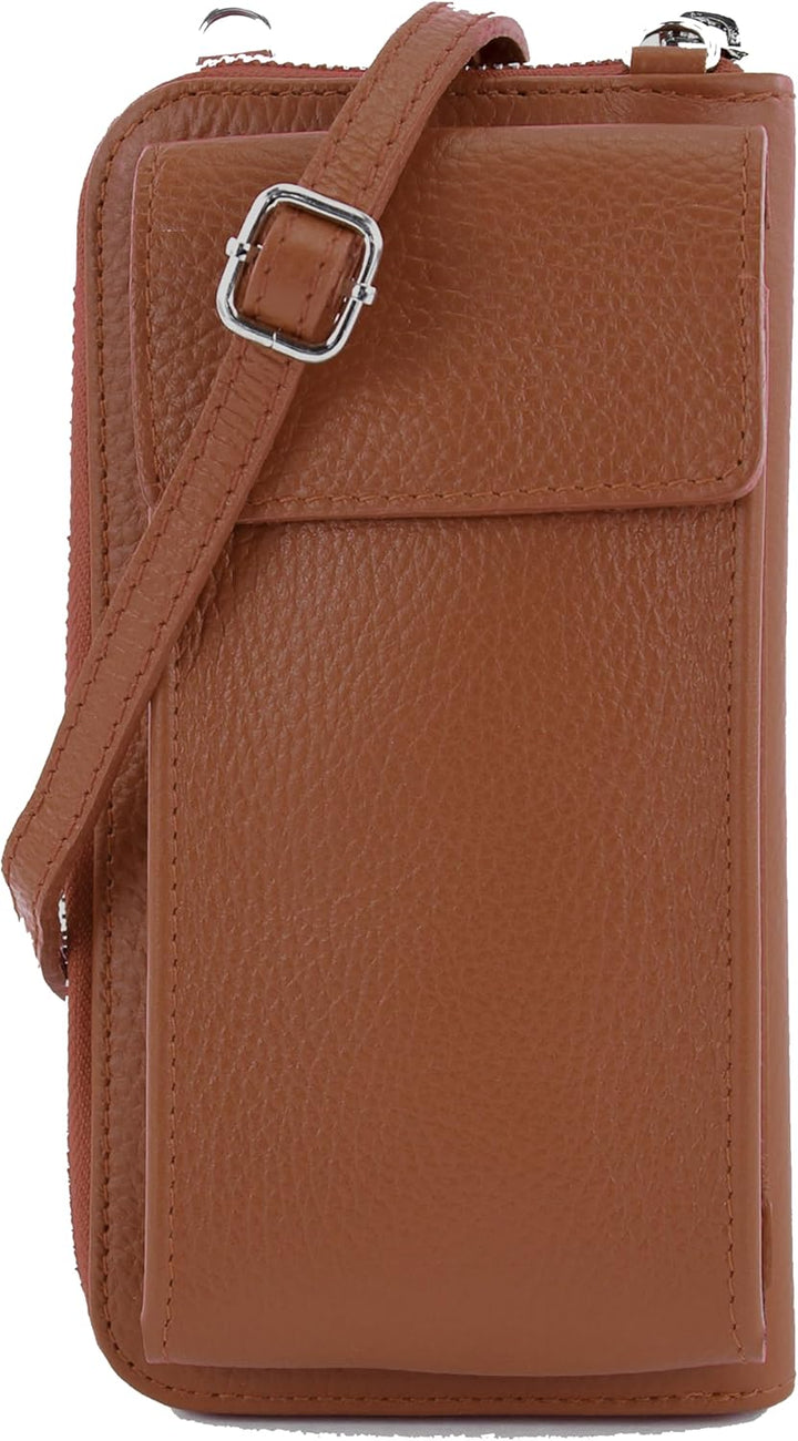 modamoda de - P06 - ital. Damen Umhängetasche Geldbörse Handytasche Leder Cognac, Cognac