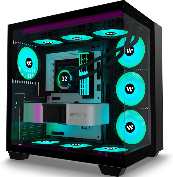 KEDIERS PC Gehäuse- vorinstalliert 9 ARGB-Lüfter, ATX Mid Tower Gaming Gehäuse, mit doppeltem gehärt