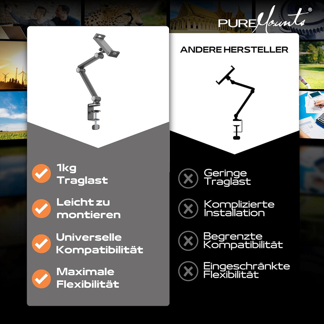 PureMounts® Tablet Tisch-Halterung, 4.7" bis 12.9" Tablets, 360° drehbar, bis zu 1kg Tragkraft, Sili