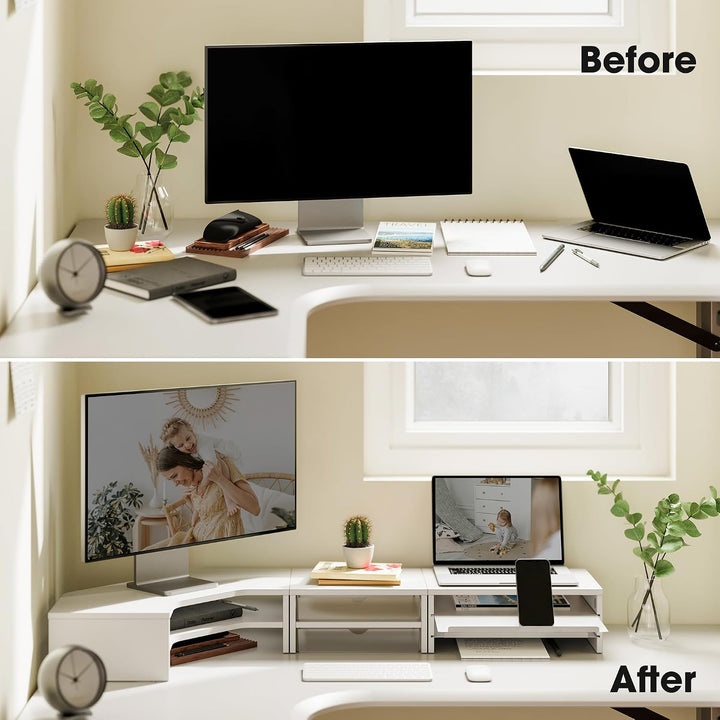Fenge Monitorständer 3 in 1, Dual Monitor Stand mit Schublade und Ausziehbarem Tablett, L-Förmiger E