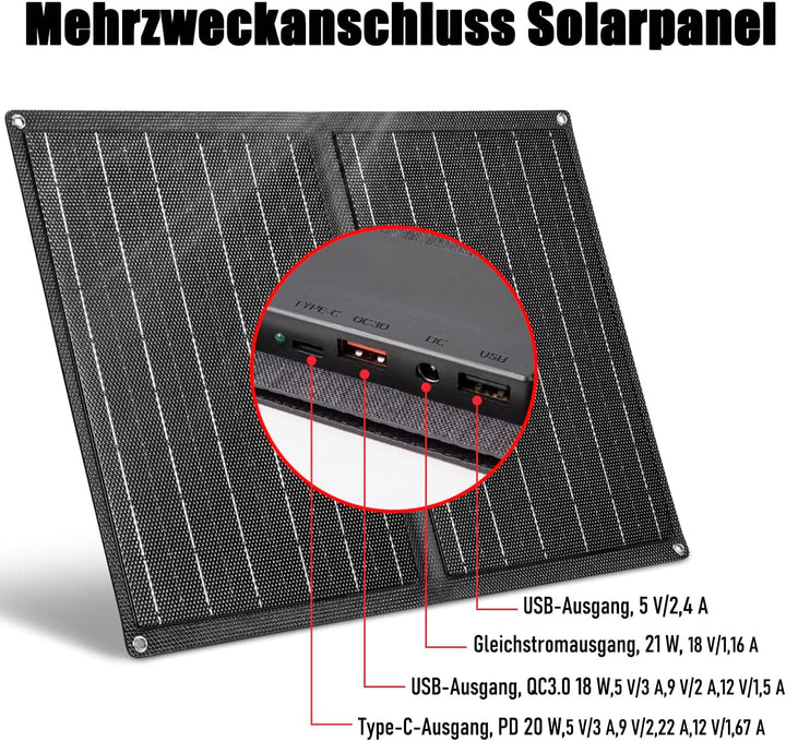 Tragbares Solarpanel 21W, faltbares Solarladegerät mit QC3.0 USB und DC-Anschluss für Mobiltelefone,