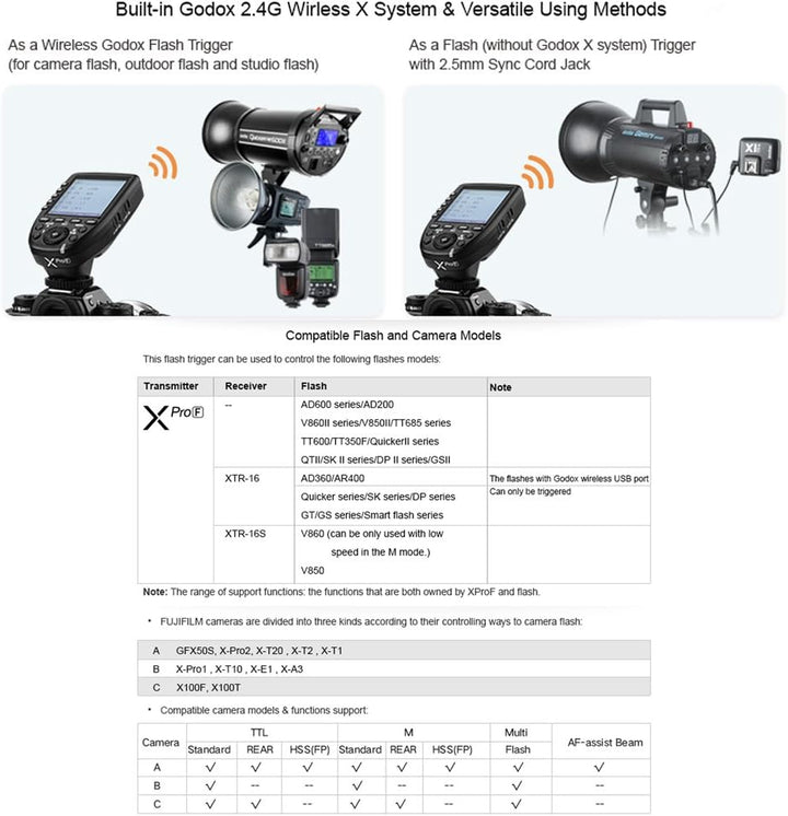Godox Xpro-F TTL Drahtloser Blitzauslöser ， 2.4G 1 / 8000s HSS TTL Konvertierungshandbuch TCM-Funkti