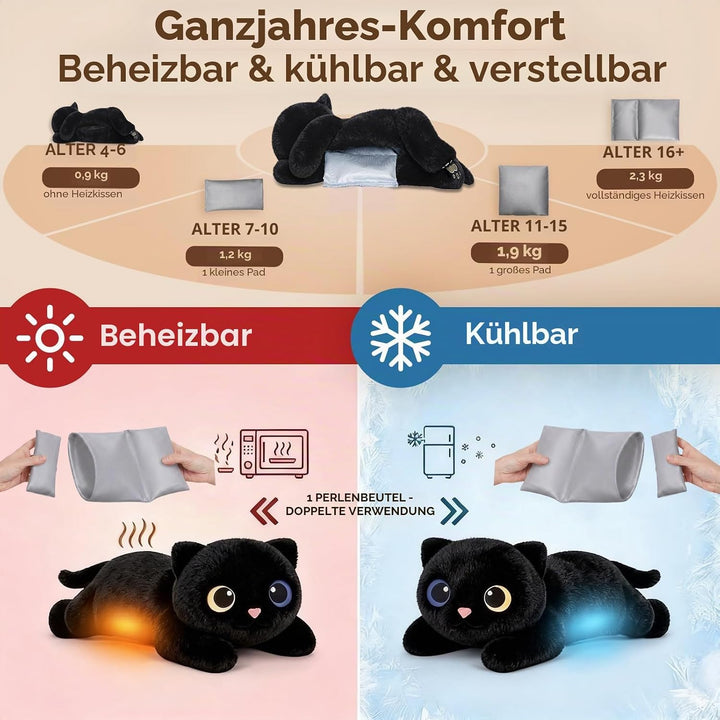 Mewaii Gewichteter Schwarze Katze Kuscheltier mit Mikrowellen-Wärmekissen – 2,3 kg Gewichtskuschelti