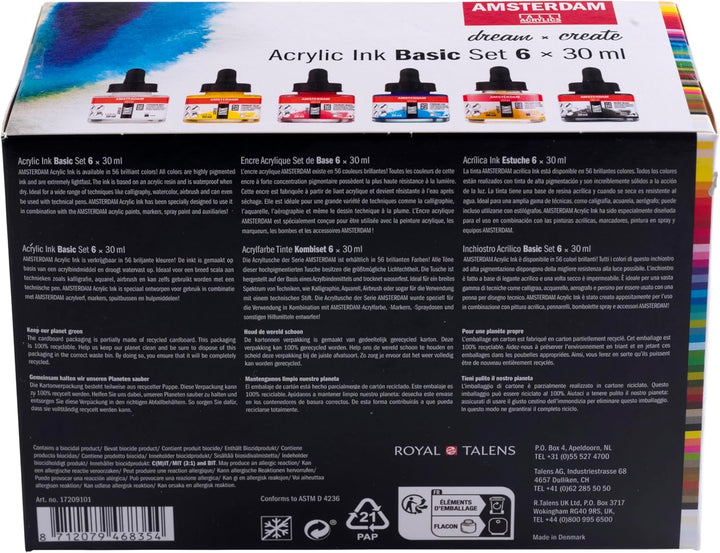 Amsterdam Acryltintenset | Basisset (6 x 30 ml) | Grundfarben, Schwarz, Weiss & Ocker | flüssige Acr