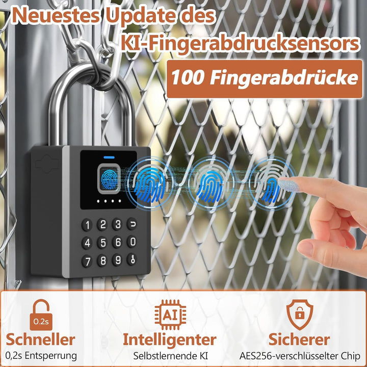 Anweller Vorhängeschloss Fingerabdruck mit Zahlencode – wetterfestes Zahlenschloss mit starkem 8 mm