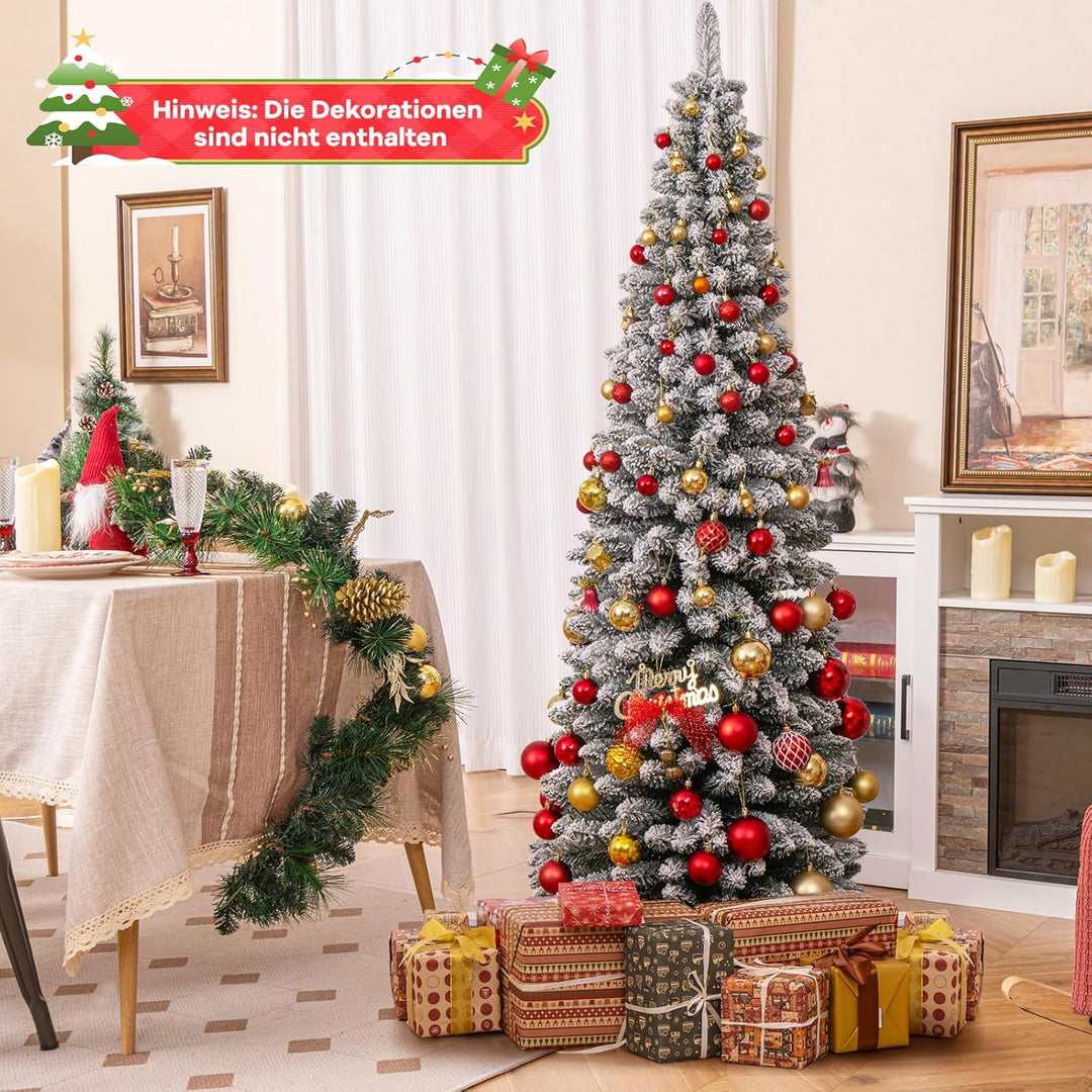 COSTWAY Künstlicher Weihnachtsbaum mit Schnee, 180 cm Bleistift Tannenbaum mit 460 Zweigspitzen & kl