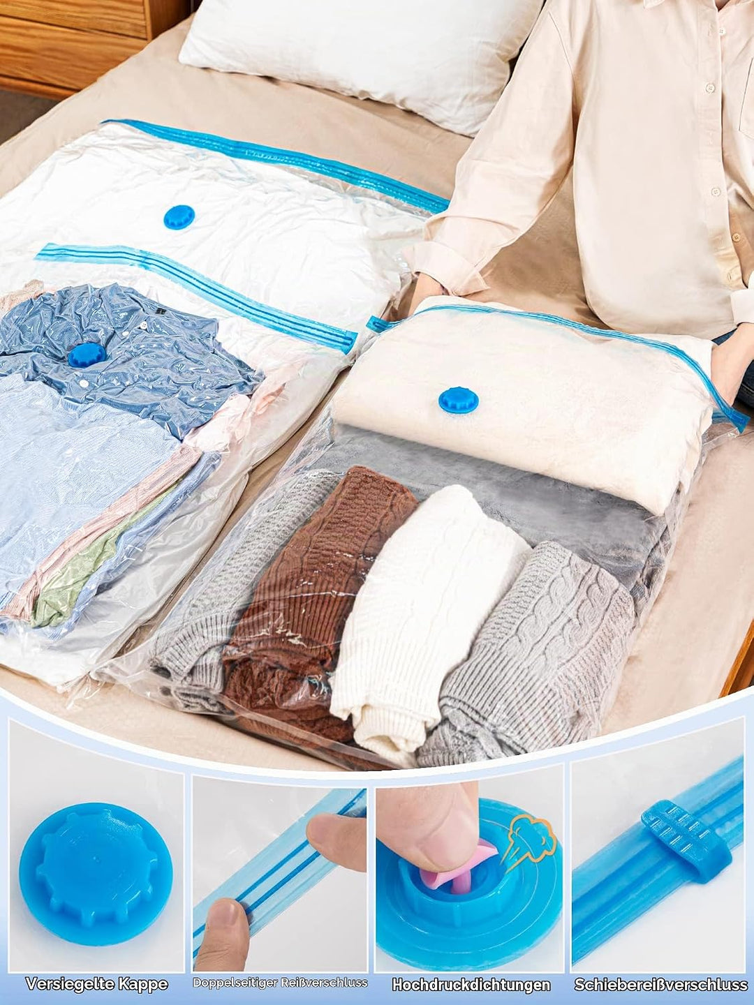 HEETA 6 Stück Vakuumbeutel für Kleidung(3 Jumbo+3 Gross) Vakuum Wiederverwendbar Kleiderbeutel mit A