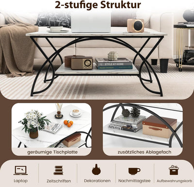 COSTWAY Couchtisch Marmor Optik, Kaffeetisch mit Ablage und Metallgestell, Wohnzimmertisch, Beistell