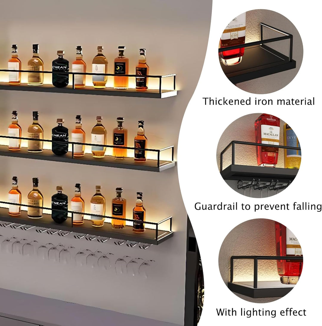 140CM Modernes Wand Weinregal Metall, 3 Ebenen Wandmontage Wine Display-Ständer mit Glashalter, Schw