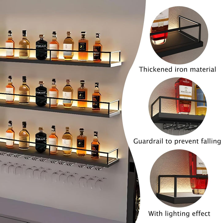 140CM Modernes Wand Weinregal Metall, 3 Ebenen Wandmontage Wine Display-Ständer mit Glashalter, Schw