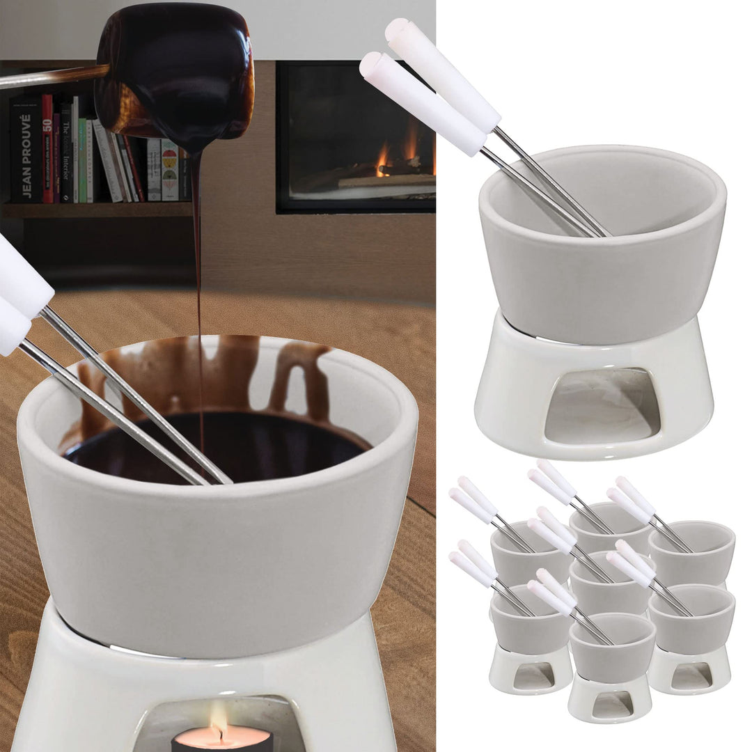 Cepewa Keramik Schokofondue Set Fondue-Set Schokolandenfondue weiss inkl. 2 Edelstahlgabeln (8 x Sch
