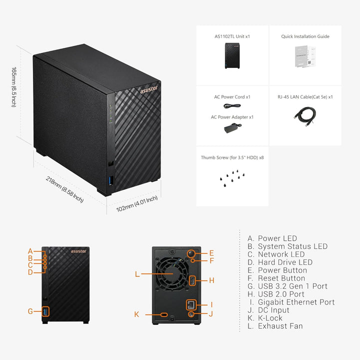 Asustor Drivestor 2 Lite AS1102TL, 2 Bay NAS Gehäuse Netzwerkspeicher, 1.7GHz Quad Core, 1GbE Port,