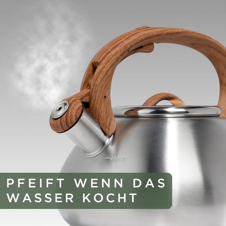 WALDWERK Wasserkessel (2,3L) - Wasserkessel für Induktion und Gasherd - Teekessel mit Holzoptik Grif