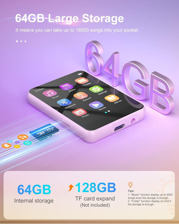 64GB MP3-Player mit Bluetooth 5.0, joliker Tragbarer Digitaler Verlustfreier Musik , 2,4IN Full-Touc