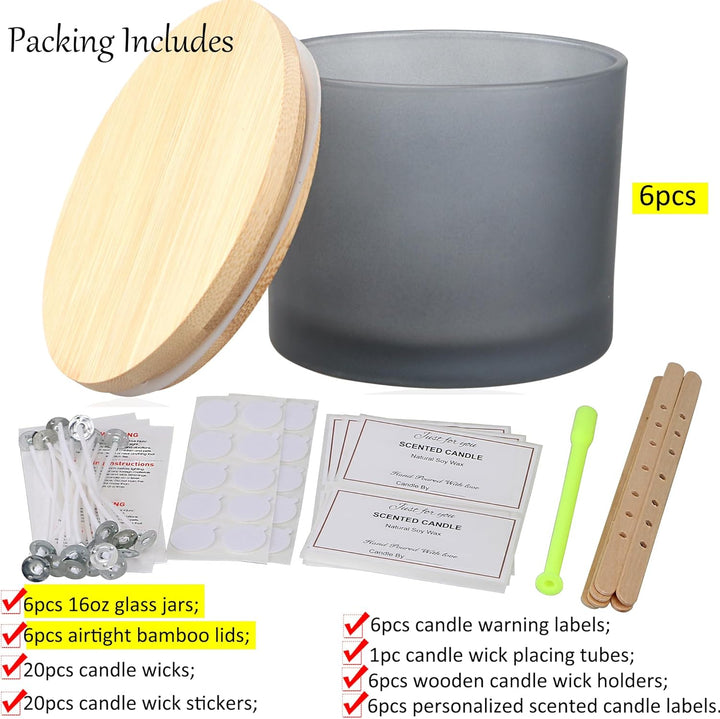 MILIVIXAY 6 x 473 ml Kerzengläser mit Bambusdeckel und Kerzenherstellungs-Kits – 3 Docht-Kerzengläse