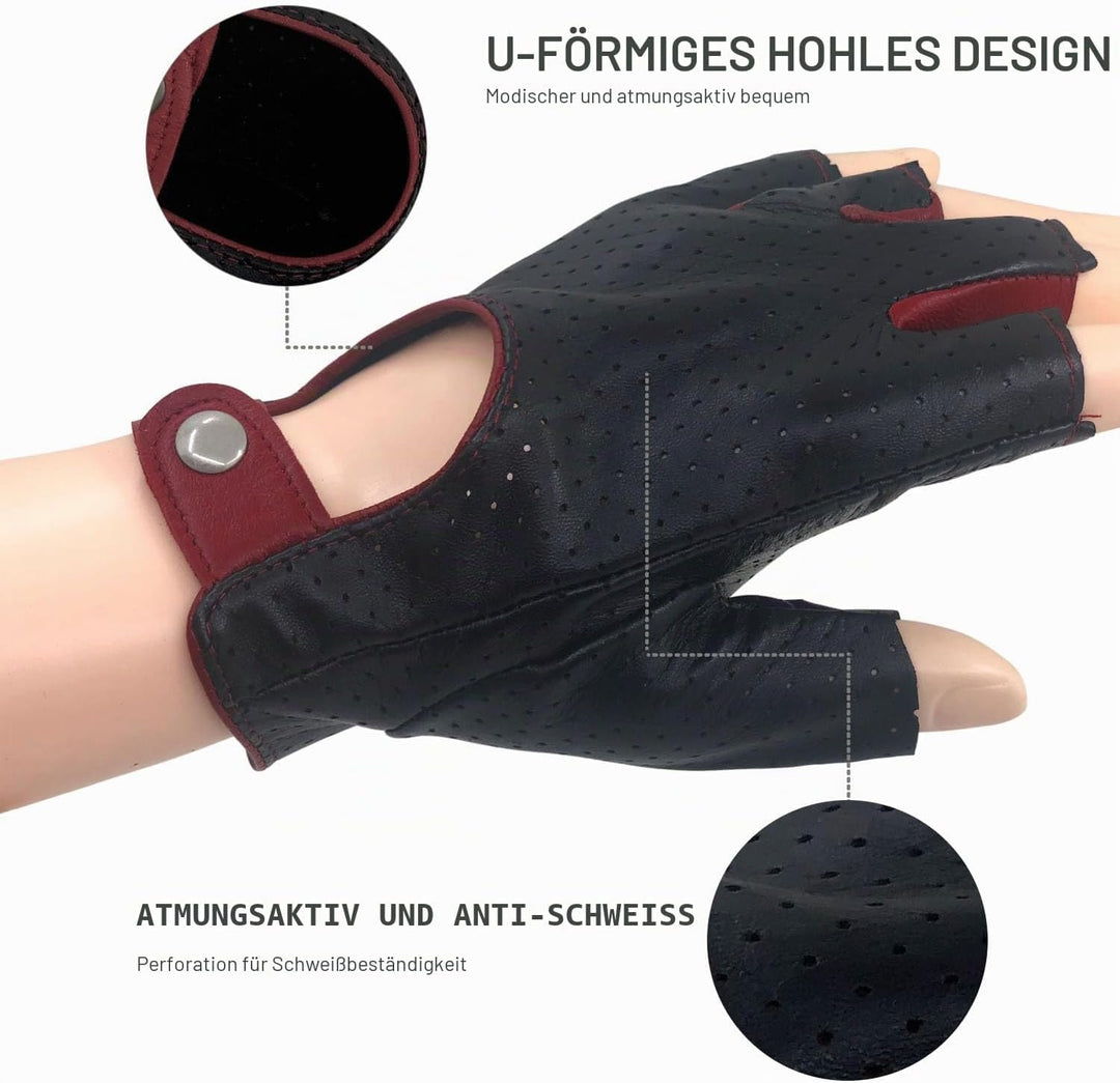 Damen-Lederhandschuhe Vollmaschige Fingerlose Halbfinger-Fahrhandschuhe Medium-7" Schwarz und Rot, M