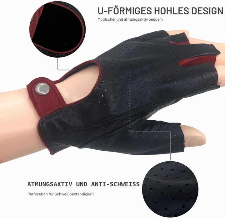 Damen-Lederhandschuhe Vollmaschige Fingerlose Halbfinger-Fahrhandschuhe Medium-7" Schwarz und Rot, M