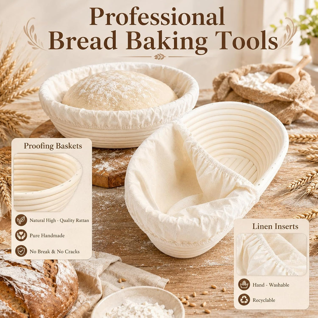 Sauerteig Starter Set 16-teilig, Gärkörbchen Set 10 Zoll Oval &amp; 9 Zoll Rund, Brotbackset mit Starter