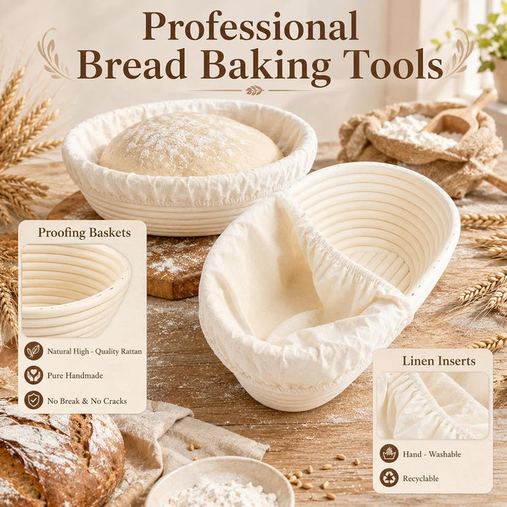 Sauerteig Starter Set 16-teilig, Gärkörbchen Set 10 Zoll Oval &amp; 9 Zoll Rund, Brotbackset mit Starter