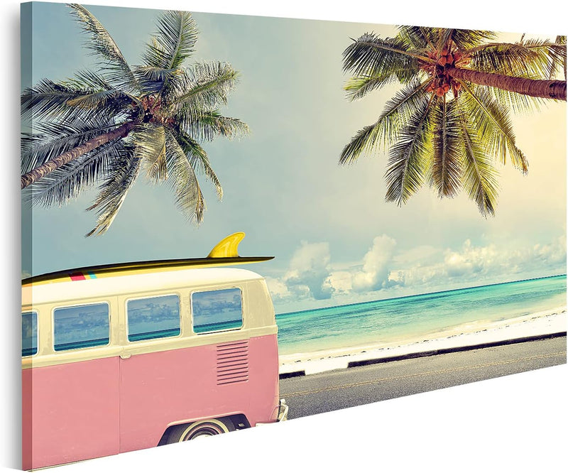 Bild auf Leinwand Oldtimer Strand Surfbrett Wandbild Poster Kunstdruck Bilder Format: 100x57cm, Form