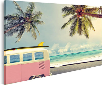 Bild auf Leinwand Oldtimer Strand Surfbrett Wandbild Poster Kunstdruck Bilder Format: 100x57cm, Form