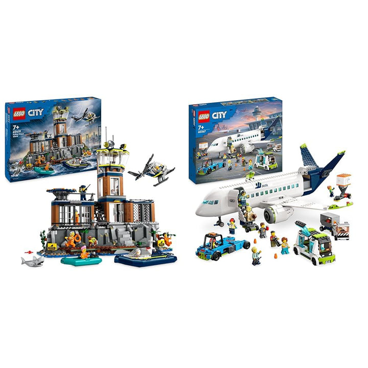 LEGO City Passagierflugzeug Spielzeug-Set, grosses Flugzeug-Modell & City Polizeistation auf der Gef