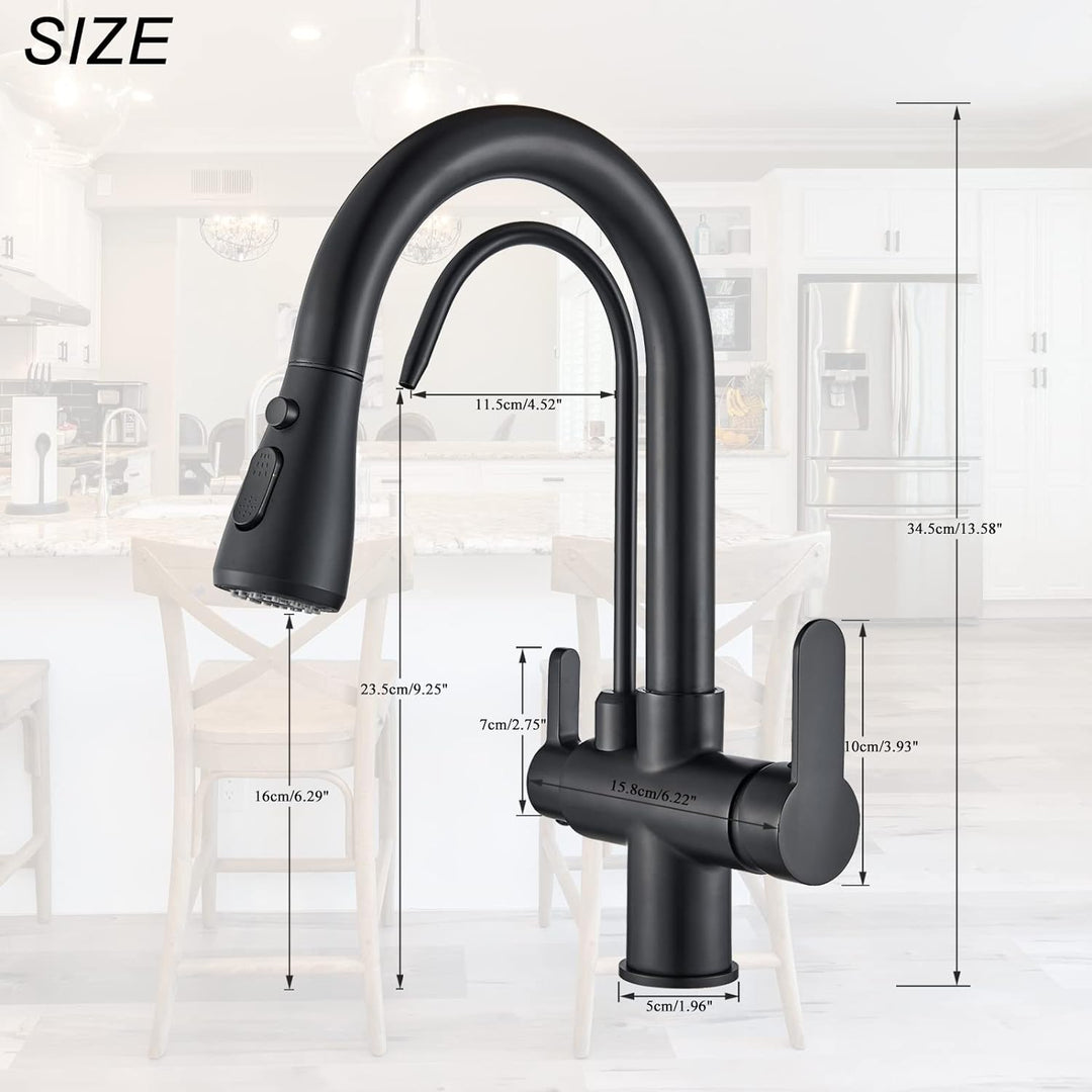 Onyzpily Wasserhahn Küche Schwarz Reines Wasser Küchenarmatur mit ausziehbar Doppelgriff Heisses und