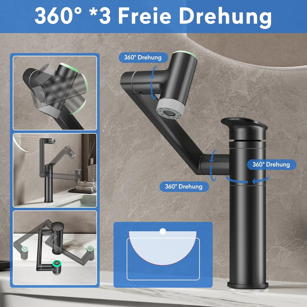 JONKEAN Wasserhahn Bad mit Temperaturanzeige(Batterielos), 1080° Drehbar Einhebelmischer Waschbecken