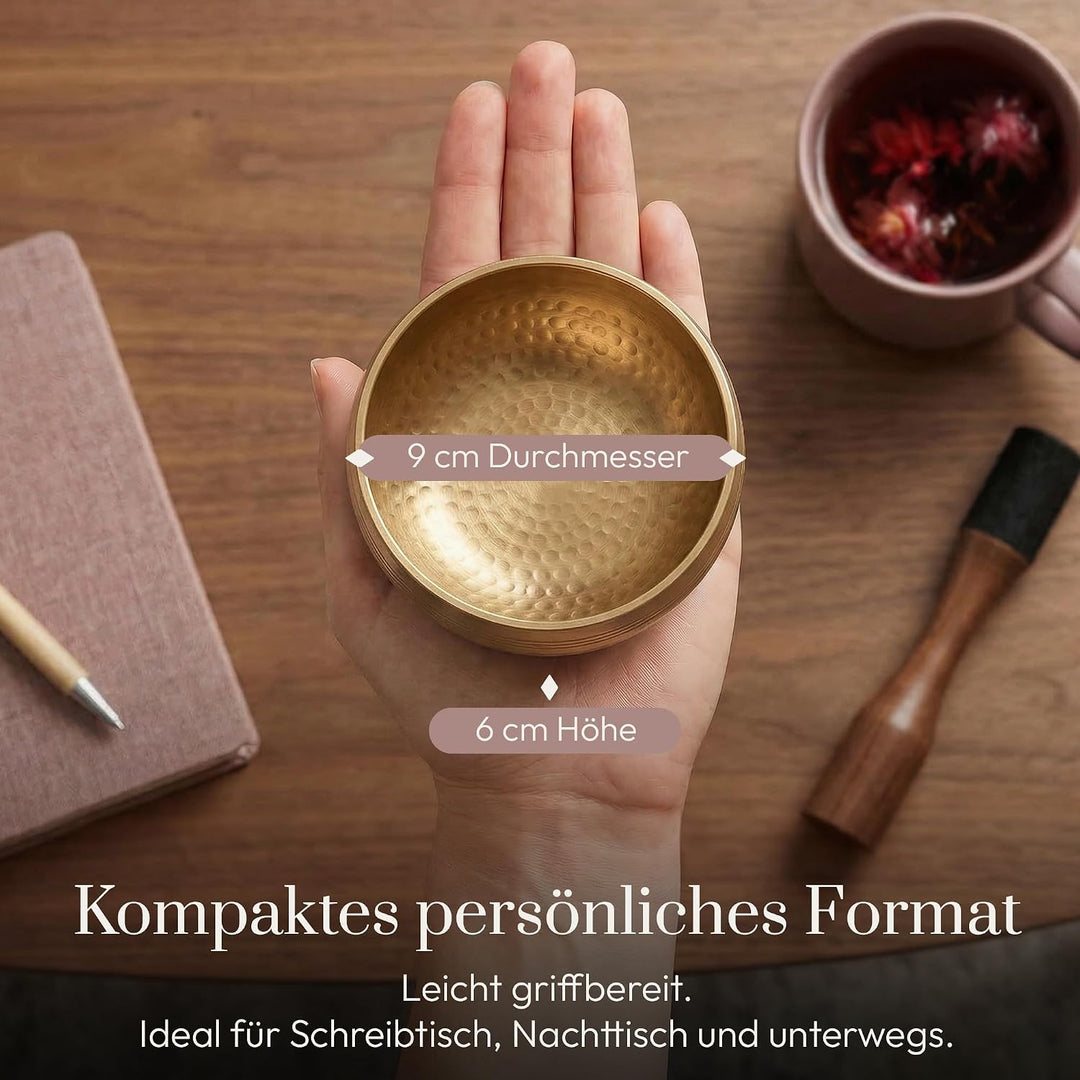 Silent Mind Klangschale Ø9cm Bronze – Handgefertigtes Komplett-Set mit Kissen und Klöppel, für Anfän