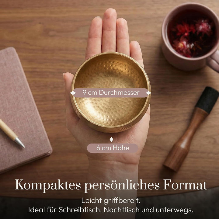 Silent Mind Klangschale Ø9cm Bronze – Handgefertigtes Komplett-Set mit Kissen und Klöppel, für Anfän