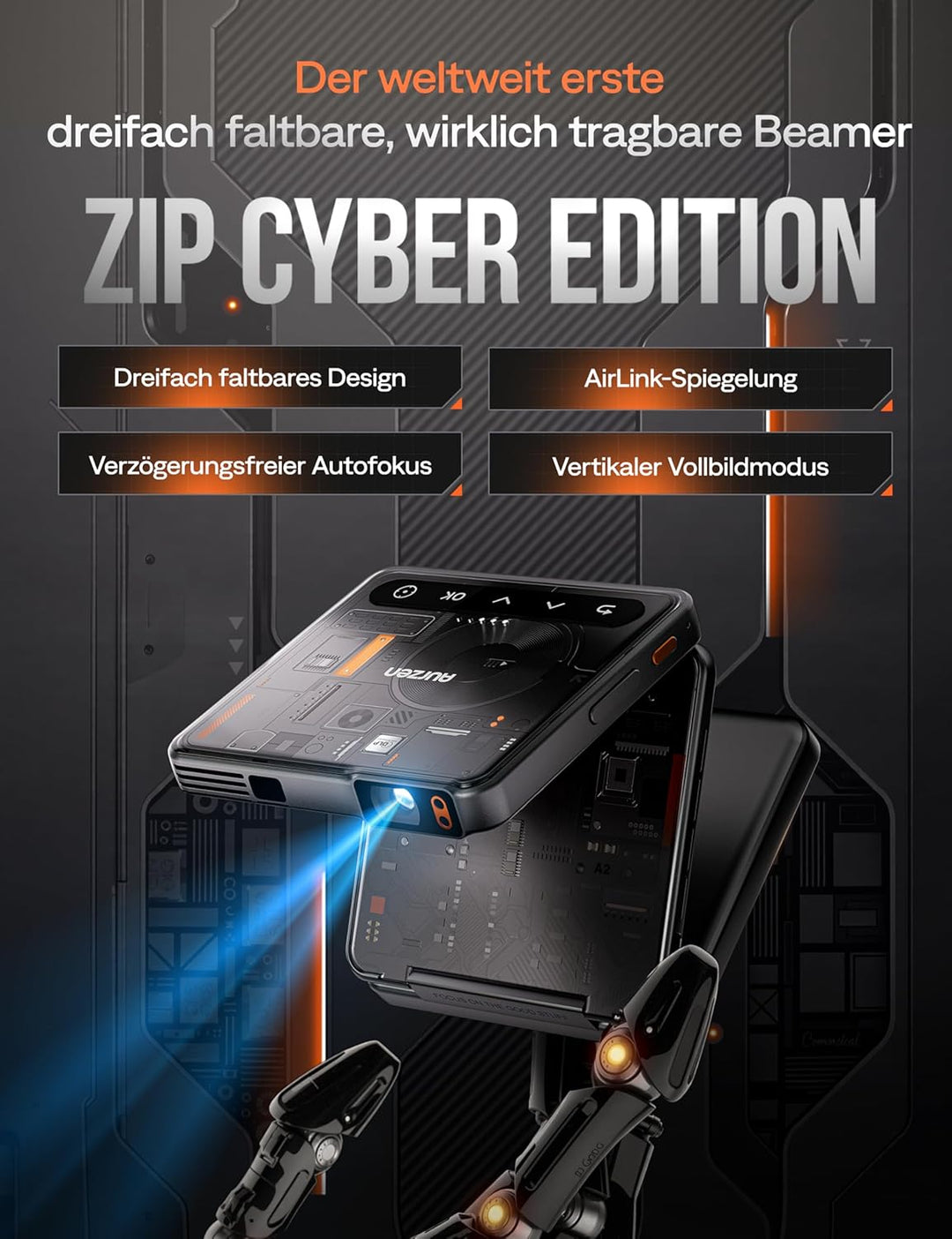 Aurzen Zip Cyber Edition Tri-Fold Mini Beamer mit 5000 mAh Akku, 4K Unterstützt Smart Beamer Klein T
