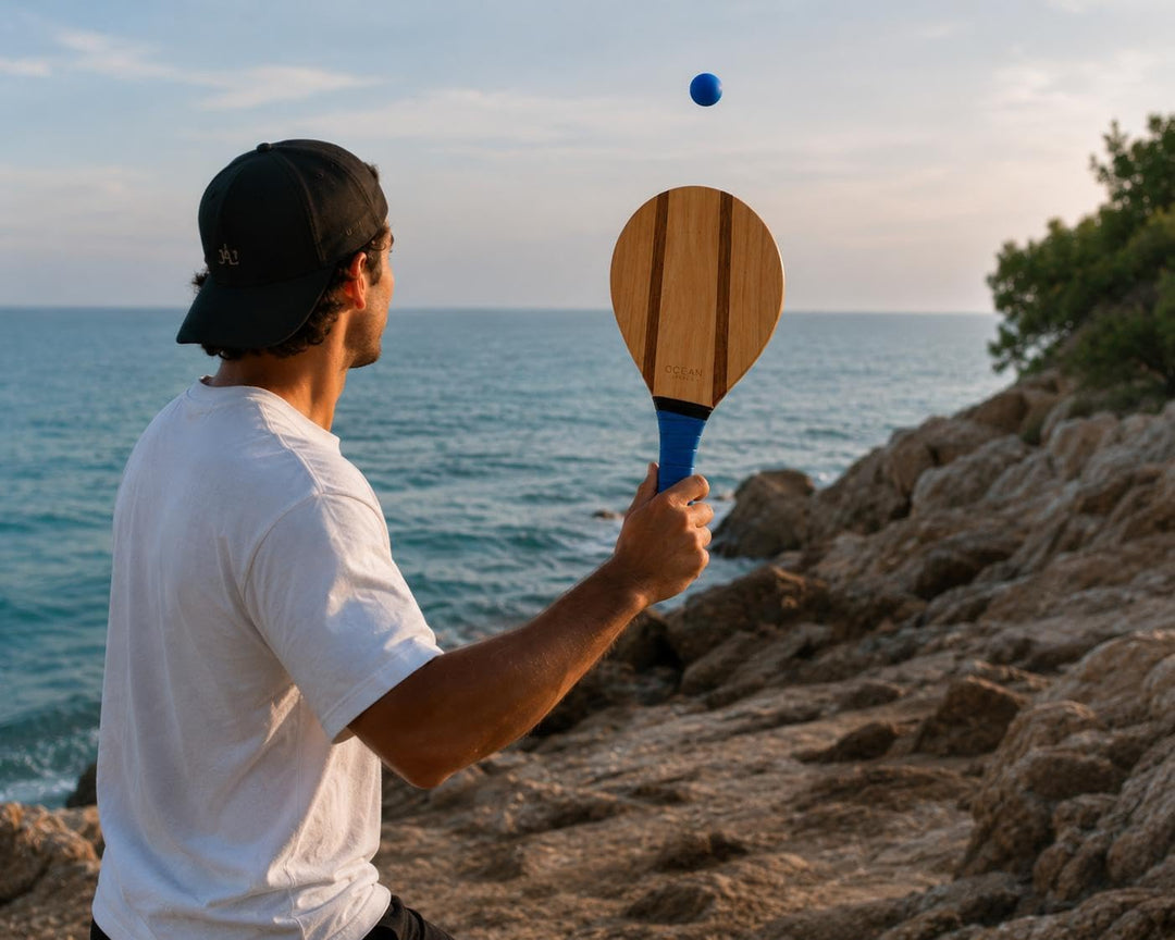 Ocean Pádel Premium-Set aus Holz-Strandschlägern, 2 Frescobol-/Beach-Tennis-Schläger mit 2 Bällen, T
