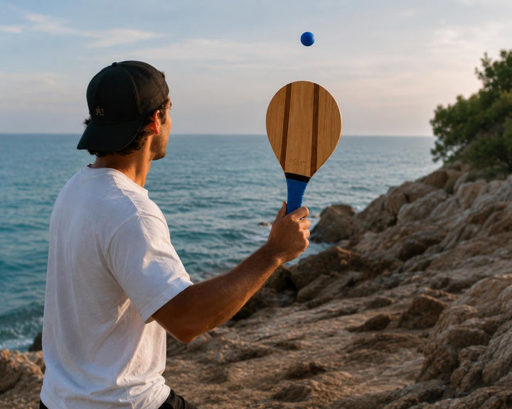 Ocean Pádel Premium-Set aus Holz-Strandschlägern, 2 Frescobol-/Beach-Tennis-Schläger mit 2 Bällen, T