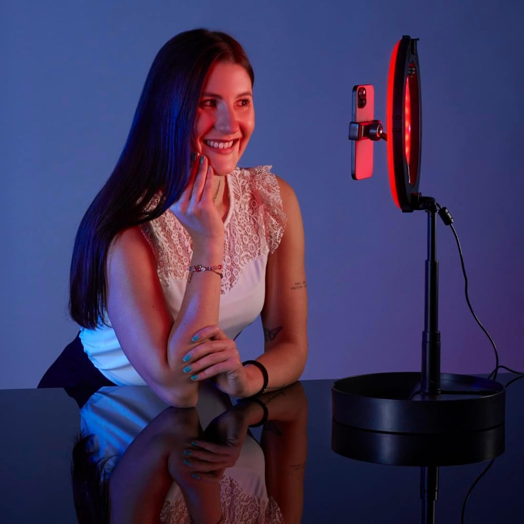 Hama LED RGB Ringlicht mit Stativ Handy faltbar 10,2“ Ringleuchte, 26,5 cm Durchmesser, Tisch Stativ
