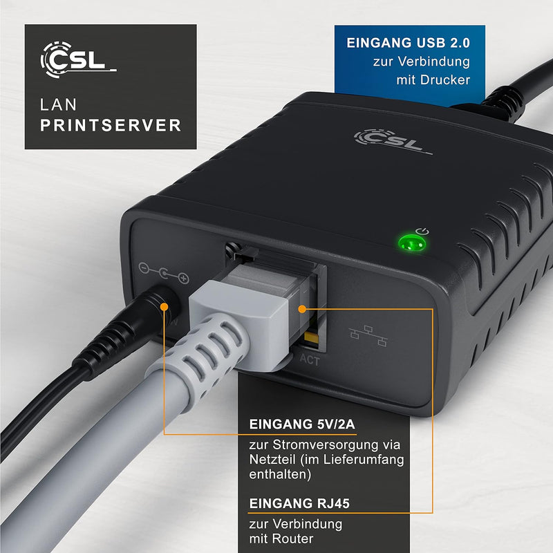 CSL - LAN Printserver Druckerserver - Fast Ethernet - USB2.0 High Speed - LRP Print Server für Windo