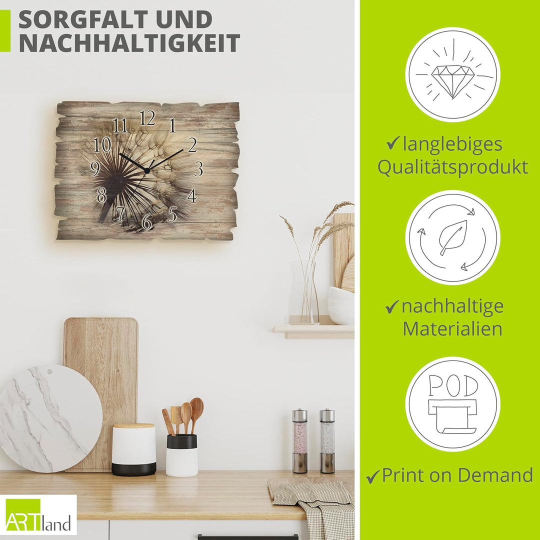 ARTLAND Wanduhr ohne Tickgeräusche aus Holz Quarzuhr 40x30 cm Rechteckig Lautlos Blumen Pusteblume N