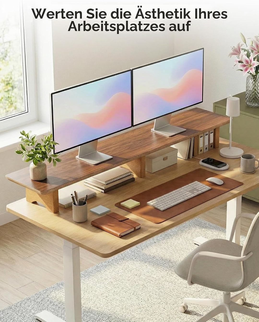 Aothia Grosser Monitor-Ständer für Computerbildschirme,Holz-Riser mit nachhaltigen Korkblockbeinen f
