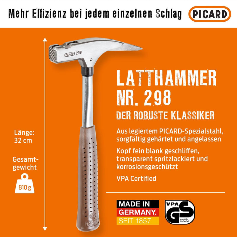 PICARD Latthammer 298 - mit magnetischem Nagelhalter + gerauhter Bahn - 600g | traditioneller Griff